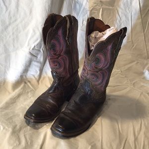 Justin leather boots, brown w/ pink & blue stitch